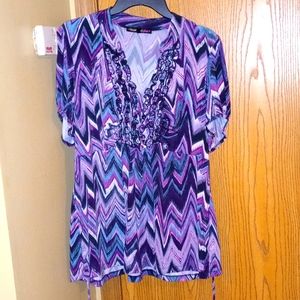 Purple/pink/turquoise/black/white low.cut V neck, ruffled collar designed blouse